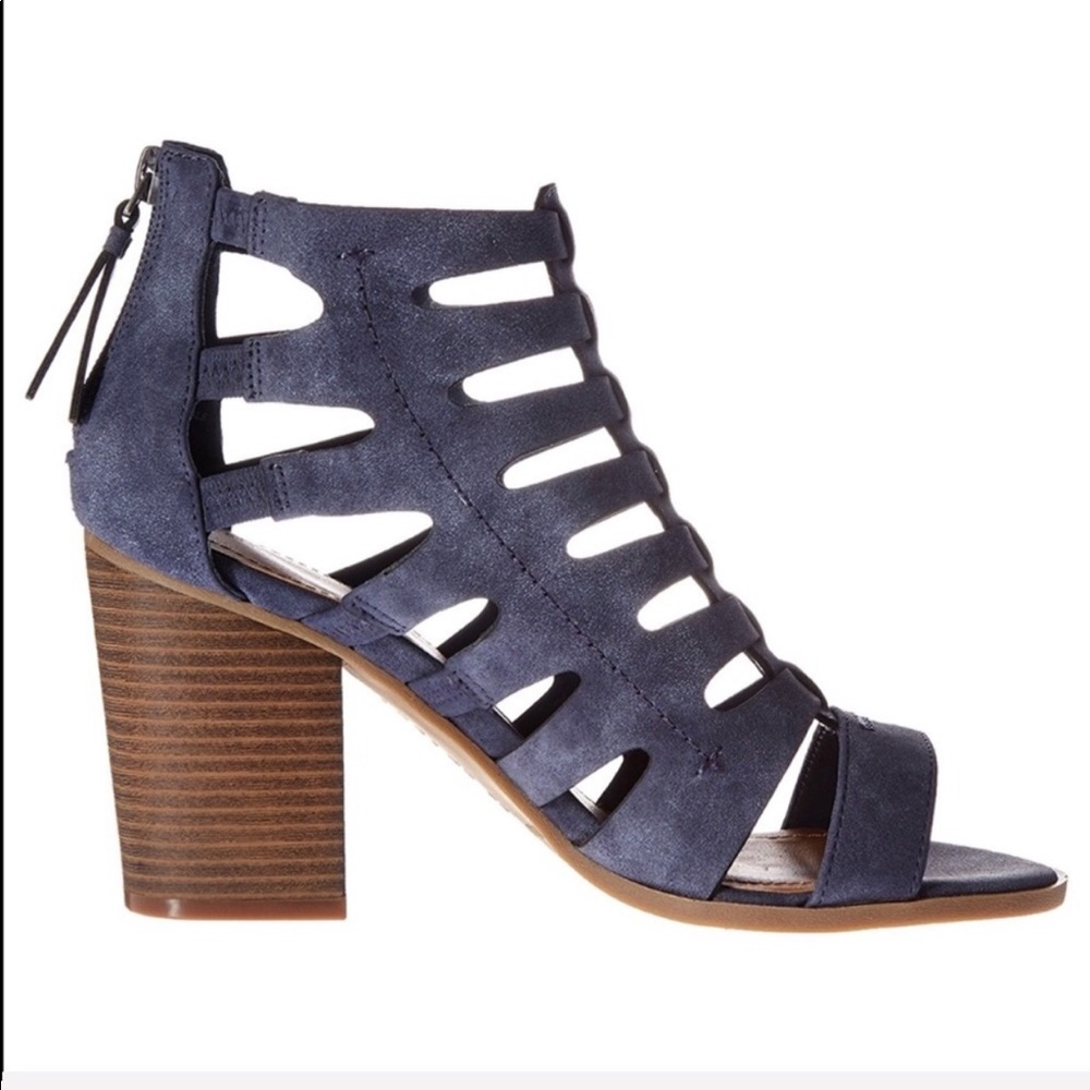 Denim Blue Peep Toe Woven Caged Block Heel Sandal - Picture 2 of 4